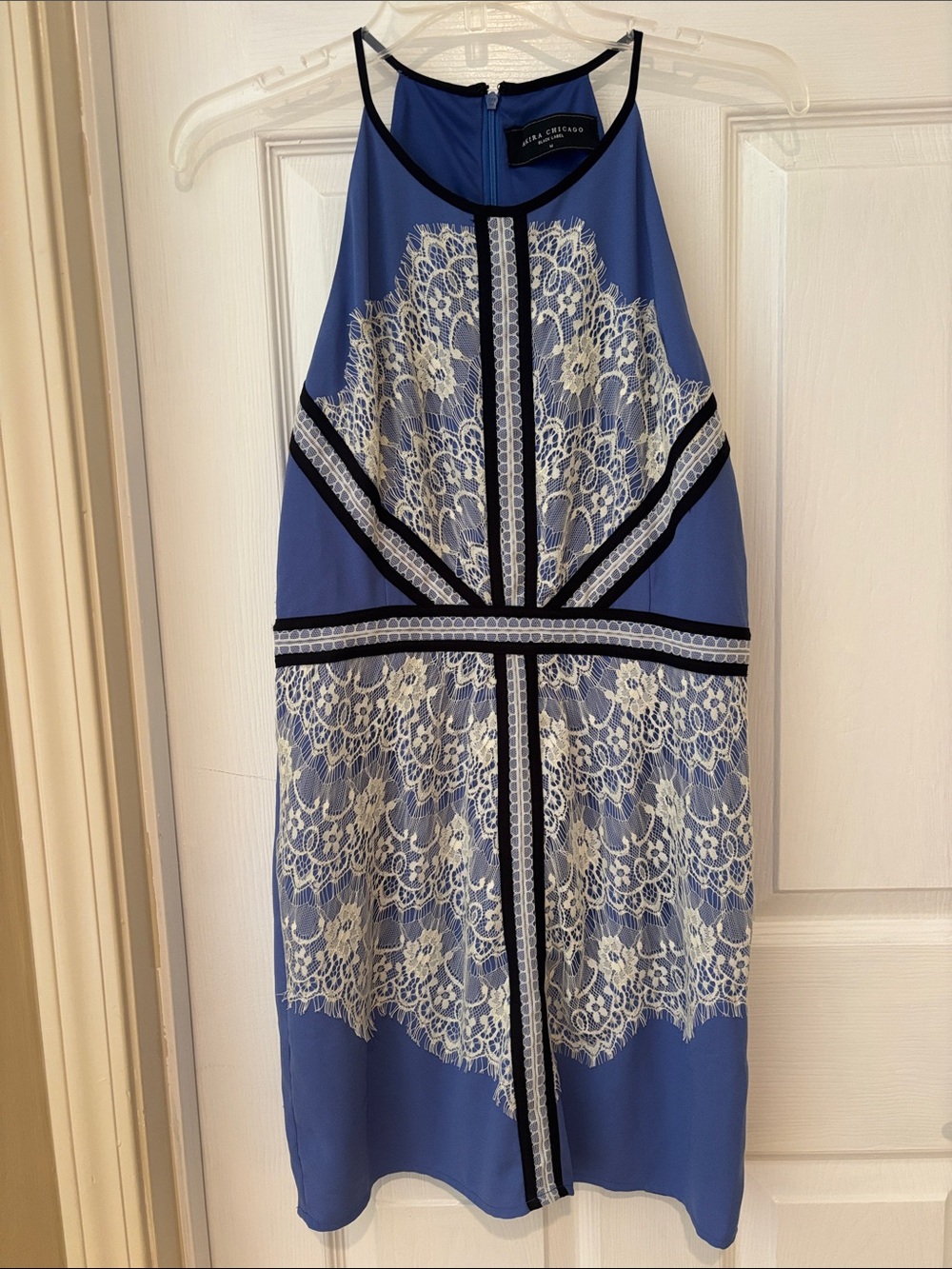 Akira Chicago (Black Label) Blue and Ivory Lace Halter Mini Dress